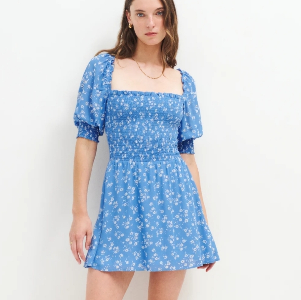 Reformation Elle blue floral print mini dress